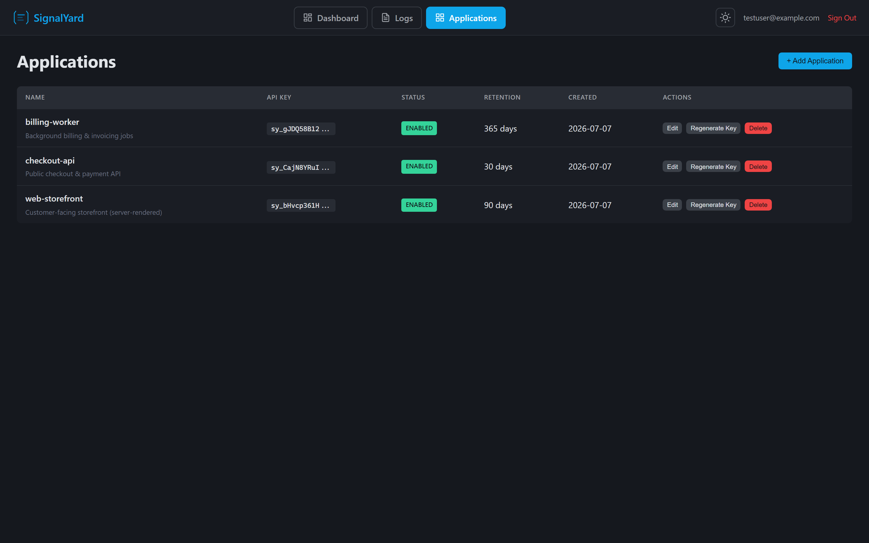SignalYard applications management screen listing apps with API keys, status, and retention