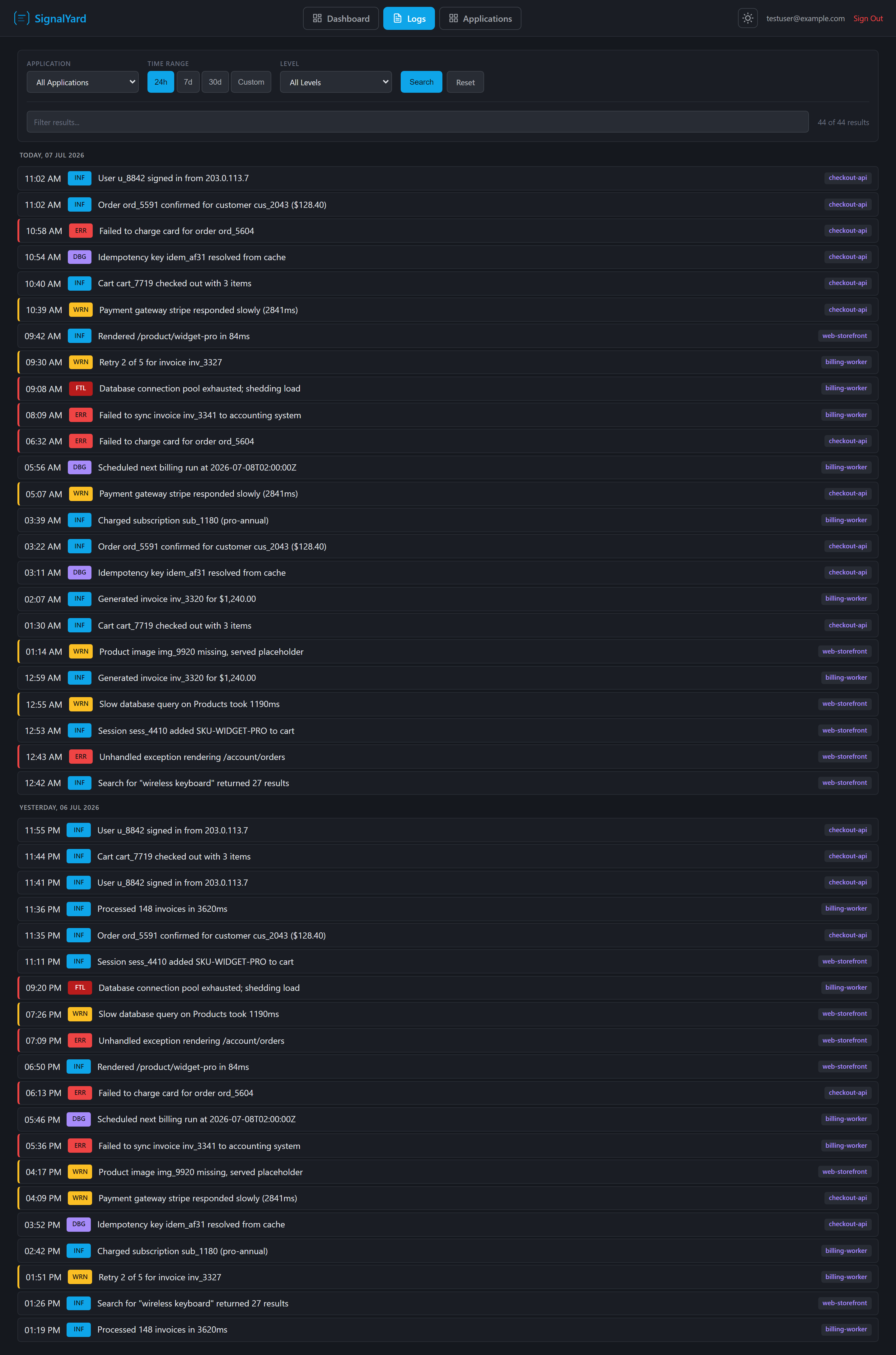 SignalYard log viewer with color-coded log entries filtered by application and level